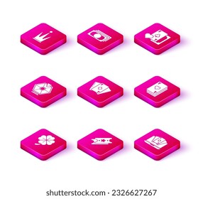Set Four leaf clover, Lottery ticket, Lucky wheel, Playing card with diamonds, Online poker table game, heart, clubs symbol and Stacks paper money cash icon. Vector