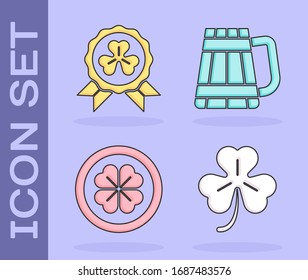 Set Four leaf clover, Medal with four leaf clover, Gold coin with four leaf clover and Wooden beer mug icon. Vector