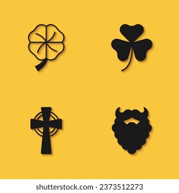 Set Four leaf clover, Mustache and beard, Celtic cross and Clover trefoil icon with long shadow. Vector