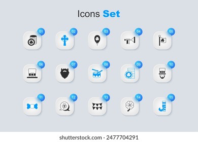 Set Trébol de cuatro hojas, bigote y barba, cruz celta, corbata de lazo, bota de duende, moneda de duende dorado y tambor con palos de tambor icono. Vector