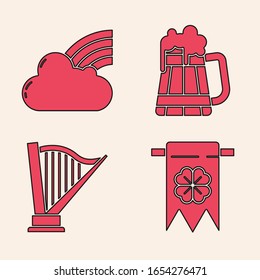 Set Four leaf clover and party pennant, Rainbow with cloud, Wooden beer mug and Harp icon. Vector