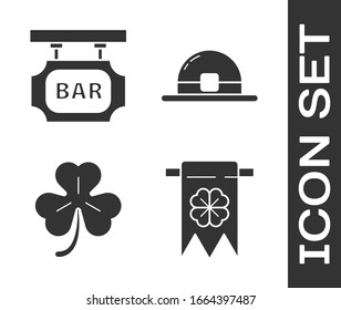 Set Four leaf clover and party pennant, Street signboard with inscription Bar, Four leaf clover and Leprechaun hat icon. Vector