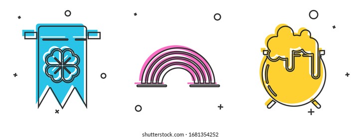 Set Four leaf clover and party pennant, Rainbow and Witch cauldron icon. Vector
