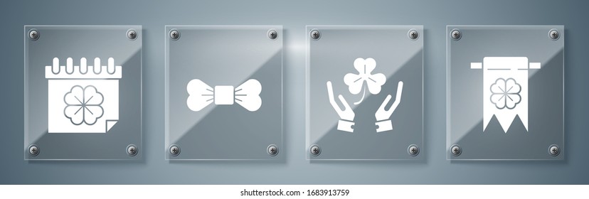 Set Four leaf clover and party pennant, Human hands holding four leaf clover, Bow tie and Saint Patricks day with calendar. Square glass panels. Vector