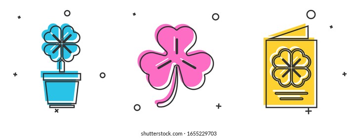 Set Four leaf clover in pot, Four leaf clover and Saint Patricks Day flyer, brochure, postcard icon. Vector