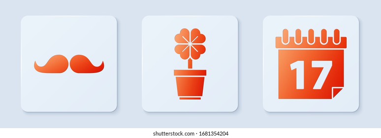 Set Four leaf clover in pot, Mustache and Saint Patrick's day with calendar. White square button. Vector
