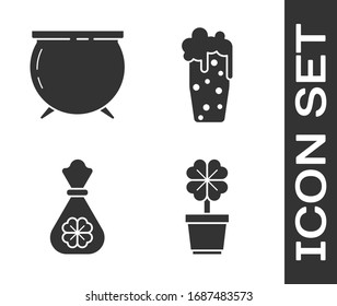 Set Four leaf clover in pot, Witch cauldron, Money bag with four leaf clover and Glass of beer icon. Vector