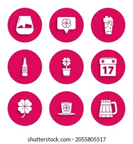 Set Four leaf clover in pot, Leprechaun hat and four, Wooden beer mug, Saint Patrick's day with calendar, Beer bottle, Glass of and whiskey icon. Vector