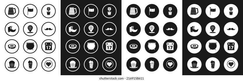 Set Four leaf clover in pot, Location and four, Tradition leprechaun boots, Wooden beer mug, Mustache, National Ireland flag, Saint Patrick's day with calendar and Gold coin icon. Vector