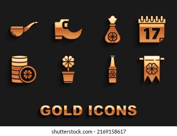 Set Four leaf clover in pot, Saint Patrick's day with calendar, and party pennant, Beer bottle four, Gold coin, Money bag, Smoking pipe and Tradition leprechaun boots icon. Vector