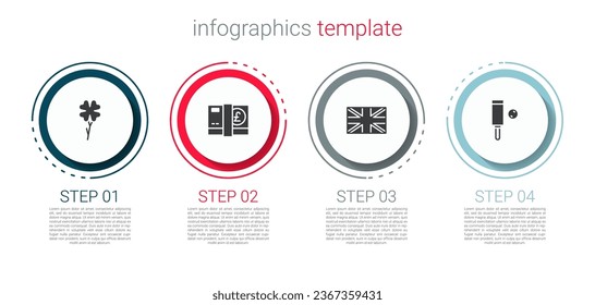 Set Four leaf clover, Pound sterling money, Flag of Great Britain and Wood cricket bat and ball. Business infographic template. Vector