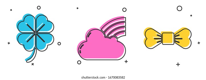 Vierblättriges Kleeblatt, Regenbogen mit Wolke und Krawatte-Symbol setzen. Vektorillustration