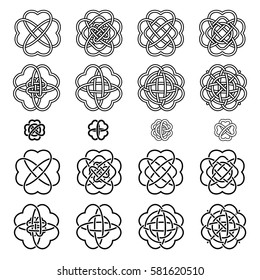Set Four leaf clover shaped knot black silhouettes on white background, Celtic style, vector illustration. St. Patrick's day - stock vector