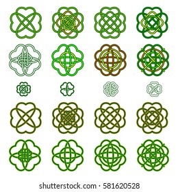 Set Four leaf clover shaped knot in green colors, Celtic style, vector illustration. St. Patrick's day - stock vector