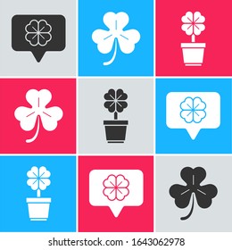 Set Four leaf clover in speech bubble, Four leaf clover and Four leaf clover in pot icon. Vector