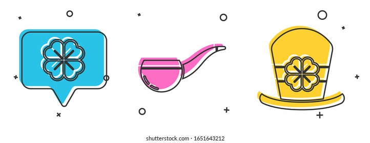 Set Four leaf clover in speech bubble, Smoking pipe and Leprechaun hat and four leaf clover icon. Vector