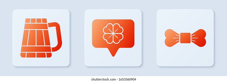 Set Four leaf clover in speech bubble, Wooden beer mug and Bow tie. White square button. Vector