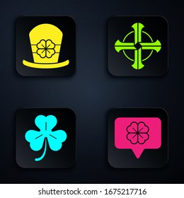 Set Four leaf clover in speech bubble, Leprechaun hat and four leaf clover, Four leaf clover and Celtic cross. Black square button. Vector