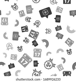 Set Four leaf clover in speech bubble, Medal with four leaf clover, Rainbow and Saint Patrick's day with calendar on seamless pattern. Vector