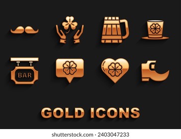 Set Four leaf clover in speech bubble, Leprechaun hat and four, Tradition leprechaun boots, Heart with, Street signboard inscription Bar, Wooden beer mug, Mustache and Human hands holding icon. Vector