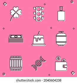 Set Four leaf clover, Traffic light, Travel suitcase, Stacks paper money cash, Pudding custard and Propane gas tank icon. Vector