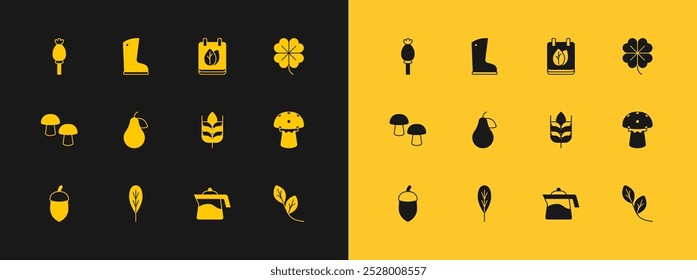 Set Four leaf clover, Leaf, Wheat, Teapot, Pear, Calendar with autumn leaves, Opium poppy and Waterproof rubber boot icon. Vector