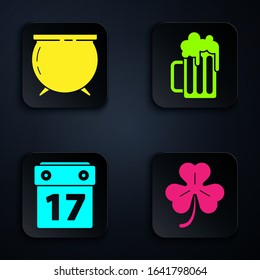 Set Four leaf clover, Witch cauldron, Saint Patrick's day with calendar and Wooden beer mug. Black square button. Vector