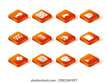 Set Four leaf clover, Wooden barrel with rum, Traffic light, Stacks paper money cash, Coffee beans and Church building icon. Vector