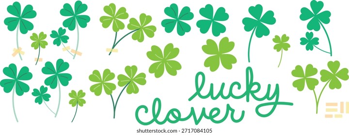 set of four leaf clovers and silhouettes with transparent tape and cursive text of the words lucky clover