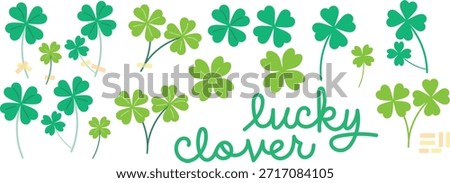set of four leaf clovers and silhouettes with transparent tape and cursive text of the words lucky clover