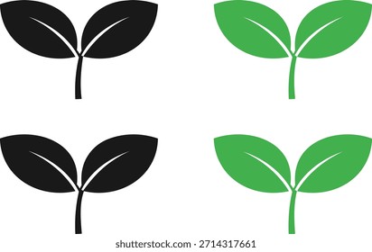 Un conjunto de cuatro íconos de hojas, dos en negro y dos en verde, dispuestos en forma cuadrada sobre un fondo blanco, con diferentes Formas y tamaños de hojas, estilo simple y moderno