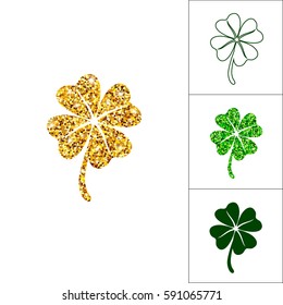 Set of four leaved clover for saint Patricks day greeting with golden glitter, silhouette, line and greenery shamrock. Vector lucky bundle isolated on white background.