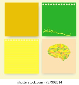 set of four lemon green yellow note pad paper with line idea word and polygonal brain vector background 