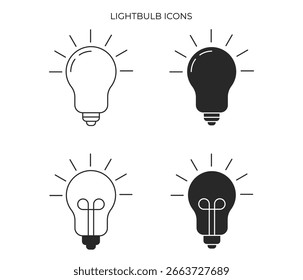 Um conjunto de quatro ícones de lâmpadas elétricas em ambos os estilos de contorno e sólido, com e sem um filamento interno, simbolizando ideias e inovação.
