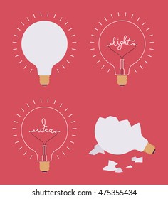 Set of four light bulbs against crimson background. Lit, broken, with a word idea, light. Consept cartoon flat-style illustration.