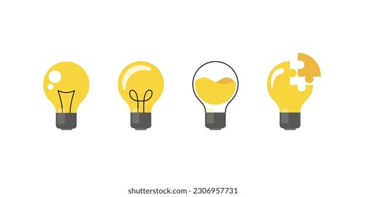 Un conjunto de cuatro bombillas sobre un fondo blanco. Bombillas vectoras de estilo minimalista. Símbolo de ideas, resolución de problemas, idea, lidiar con el problema. Concepto de lámpara, luz.