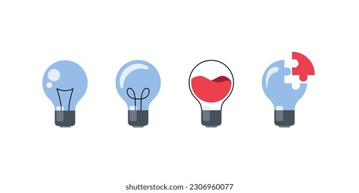 A set of four light bulbs on a white background. Vector light bulbs in a minimalist style. Symbol of ideas, problem solving, idea, coping with the problem. Concept of lamp, light.