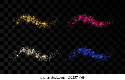 Set Of Four Light Wave With Gold, Silver, Red And Blue Glitter Effects On A Dark Transparent Background. Abstract Swirl Lines. Vector Illustration