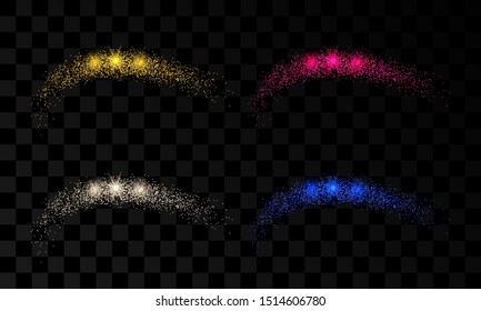 Set of four light wave with gold, silver, red and blue glitter effects on a dark transparent background. Abstract swirl lines. Vector illustration