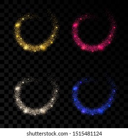 Set of four light wave with gold, silver, red and blue glitter effects on a dark transparent background. Abstract swirl lines. Vector illustration