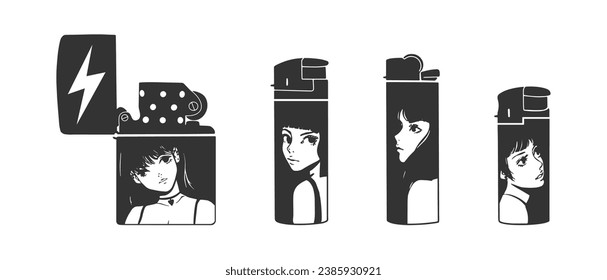 Set of four Lighters. Hand drawn modern isolated Vector illustrations.