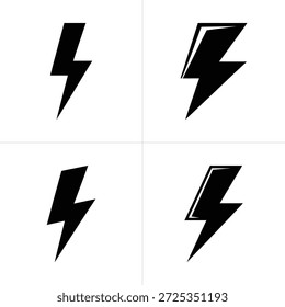Conjunto de cuatro íconos de rayos con Formas distintas sobre un fondo transparente, transmitiendo energía dinámica. Perfecto para diversos proyectos de diseño.