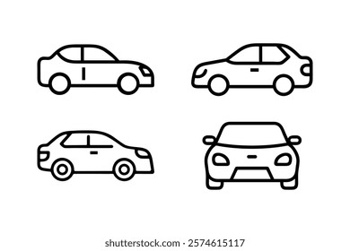 Set of four line art car illustrations showcasing side and front views, emphasizing simplicity and clean design, ideal for automotive or graphic design projects.