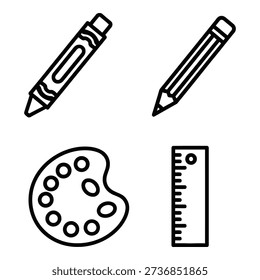 A set of four line art icons showcasing art and drawing supplies: a crayon, a pencil, a watercolor palette, and a ruler.