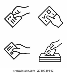 Set of four line art icons depicting hands holding ballots and casting votes into a ballot box, symbolizing democratic elections, voting process