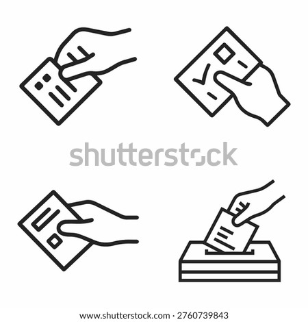 Set of four line art icons depicting hands holding ballots and casting votes into a ballot box, symbolizing democratic elections, voting process