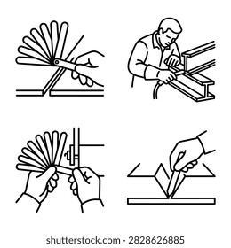 Set of four line art illustrations depicting industrial processes including measurement with a feeler gauge and assembly of metal beams.