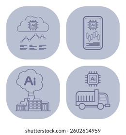 Set of four line icons depicting various artificial intelligence elements, including cloud computing, data analysis, mobile applications, and industrial automation