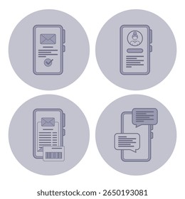 Set of four line icons depicting mobile phone features, including messaging, notifications, and user profiles. Communication functionalities in simple design