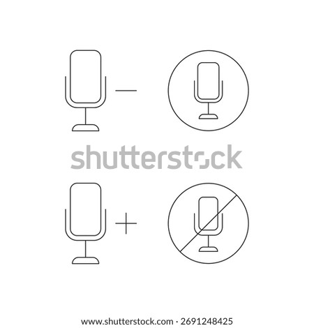 Set of four line icons for microphone representing basic, add, and prohibited functions.